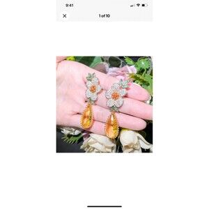 Gold Plated Citrin Long Drop Earrings Women Cubic Zirconia Dangle Bridal Jewelry